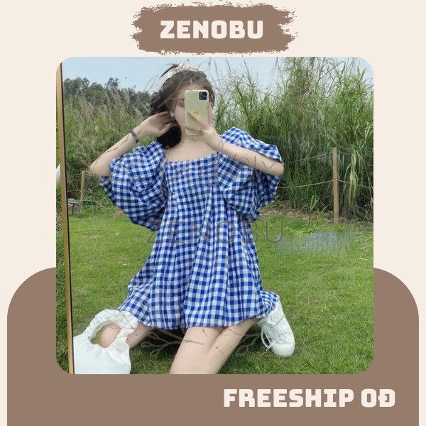 Đầm Babydoll kẻ caro xanh Hàn Quốc, váy nữ trơn dáng xoè tiểu thư xinh xắn(có ảnh thật ở cuối)