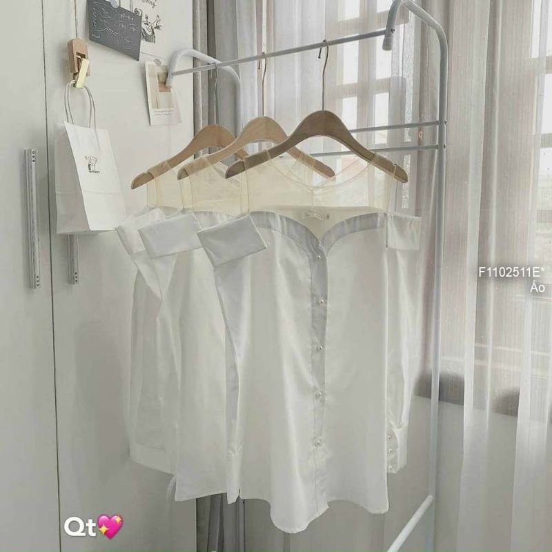 Áo sơ mi trắng kiểu ngực phối lưới hở vai hai bên form giấu quần tay dài!