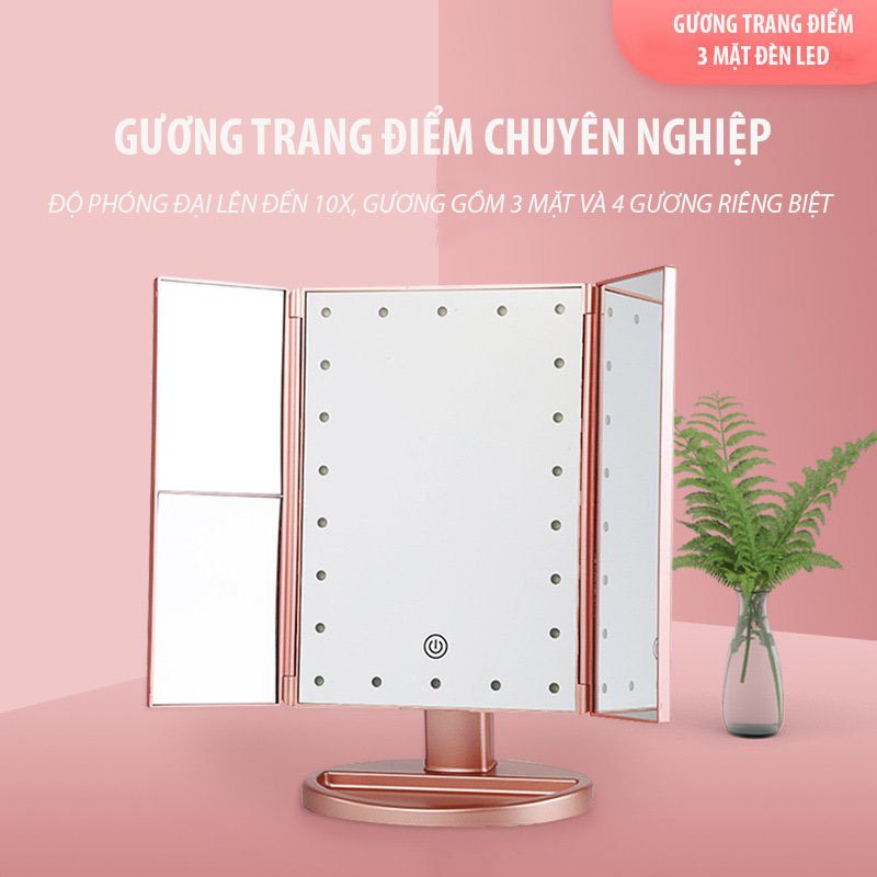 Gương Trang Điểm 3 Mặt , Màn Hình Đèn Led Cảm Ứng, Độ Phóng Đại 1X 2X 3X 10X Siêu Rõ Nét, Có Kệ Đựng Mỹ Phẩm Chuyên Dụng