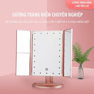 Gương Trang Điểm 3 Mặt , Màn Hình Đèn Led Cảm Ứng, Độ Phóng Đại 1X 2X 3X 10X Siêu Rõ Nét, Có Kệ Đựng Mỹ Phẩm Chuyên Dụng