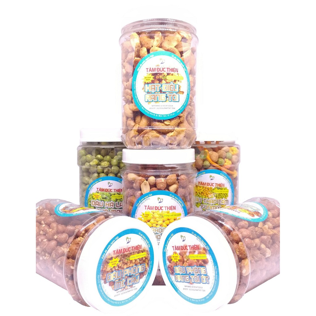 Combo 4 Hộp: Điều Rang Tỏi Ớt[Nguyên Liệu Sạch]/Đậu Phộng Rang Tỏi Hay Mè Cay/Hà Lan Sấy Phô Mai/Thập Cẩm Tâm Đức Thiện