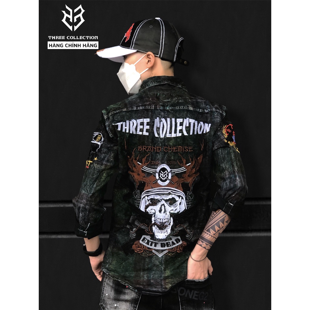 Áo sơ mi tay dài THREE COLLECTION caro xanh lá, áo sơ mi biệt đội bắn tỉa chất kaki dày dặn thêu to full lưng S2647