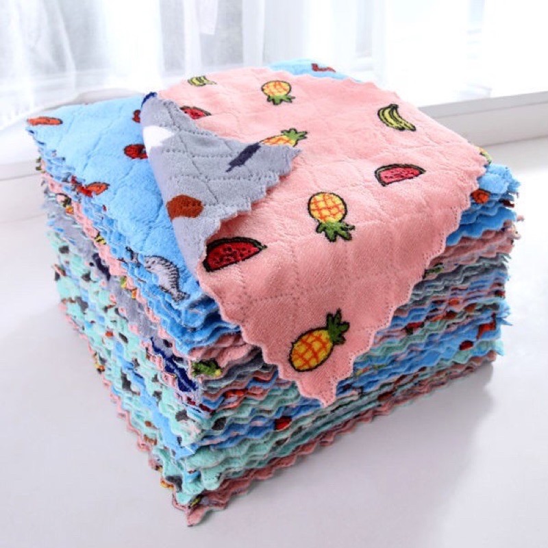 [Mã SRJULY1215 giảm 20K đơn 50K] Khăn Lau 2 Mặt Họa Tiết Hoa Quả 25x25cm Siêu Thấm Hút Nước - Khăn Lau Lông Cừu