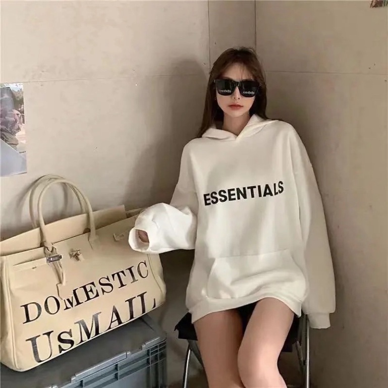 Áo hoodie Unisex chữ ESENTIALS màu đen trắng be xám đậm chất nỉ bông có mũ dài tay phong cách Ulzzang form rộng | BigBuy360 - bigbuy360.vn