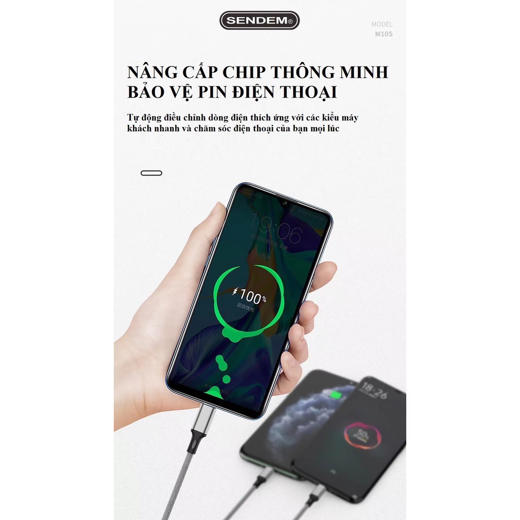 Cáp sạc 3in1 SENDEM M10S bọc dù cao cấp hỗ trợ sạc nhanh 5A chân cắm: MicroUSB, Lightning, TypeC - Hàng chính hãng