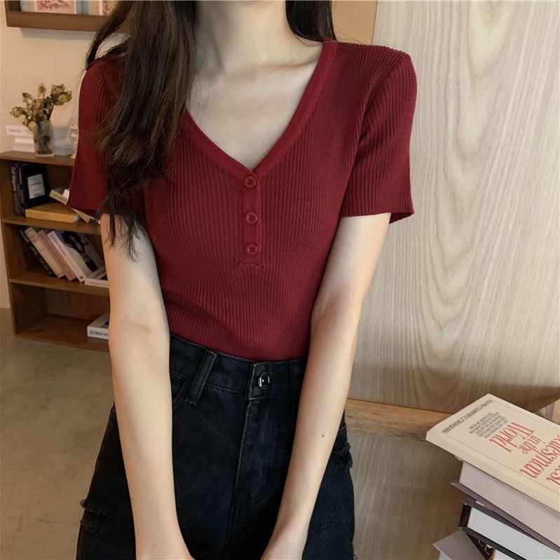 Áo Dệt Kim Tay Ngắn Cổ Chữ v Dáng Ôm Thời Trang Mùa Hè Phong Cách Hàn Quốc 2022 Cho Nữ
