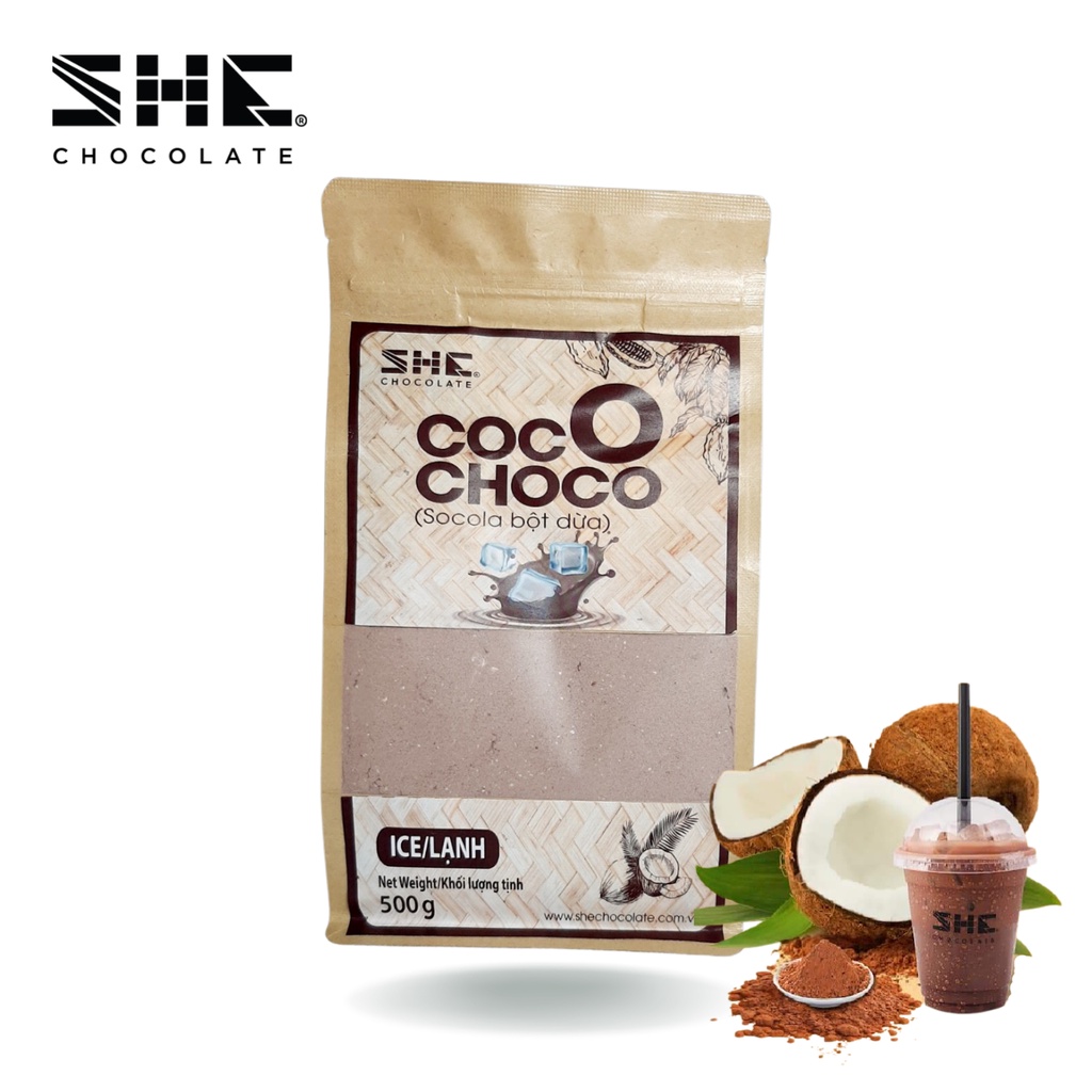 [ Pha uống siêu ngon] Bột Socola Dừa - Túi 500g - SHE Chocolate. Hương Vị Độc Đáo, Thơm Ngon, Đặc Biệt Rất Tiện Lợi