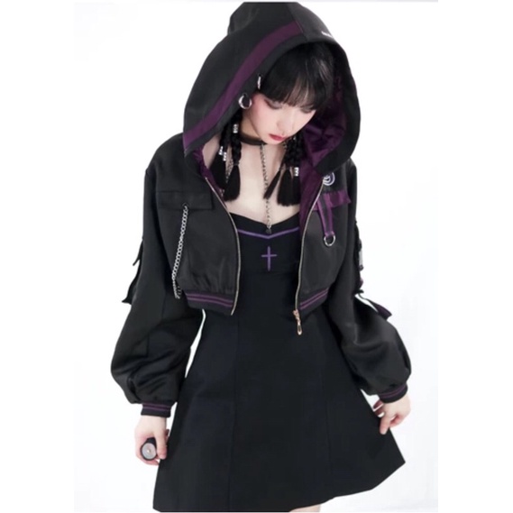 YAS0816-Set áo khoác váy den tím cá tính