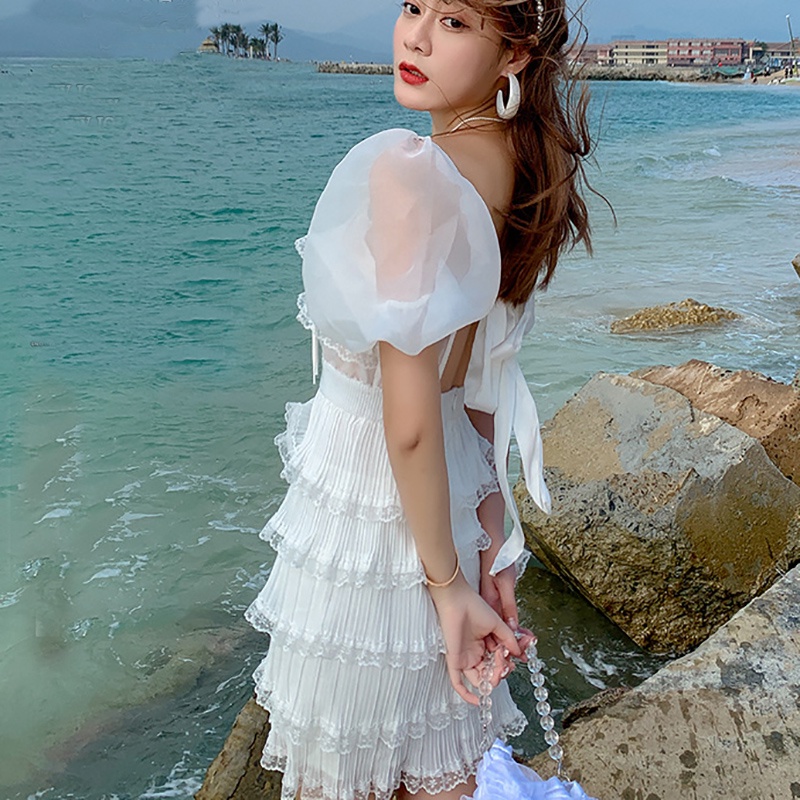 IELGYĐầm Ngắn Dáng Ôm Hở Lưng Phối Lưới Màu Trắng Thời Trang Cho Nữ