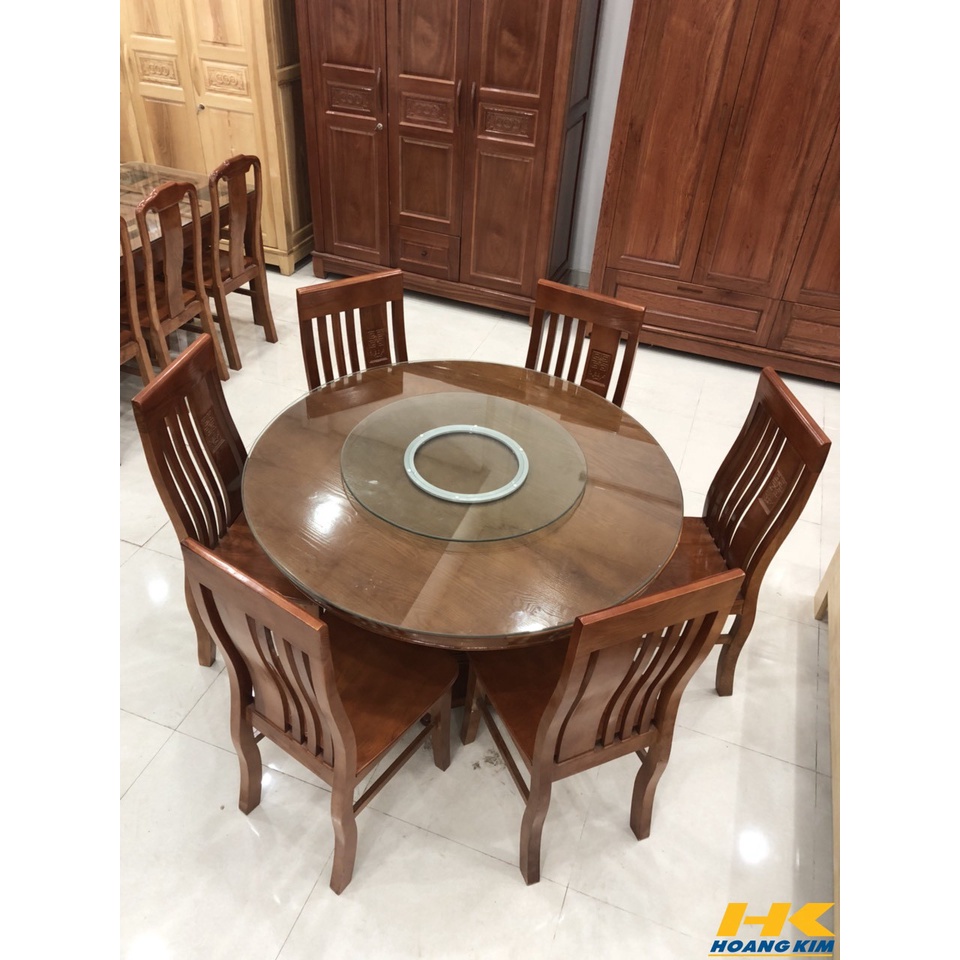 Bộ Bàn Ăn Tròn Mâm Xoay Kính Gỗ Sồi 6 Ghế Màu Cánh Gián