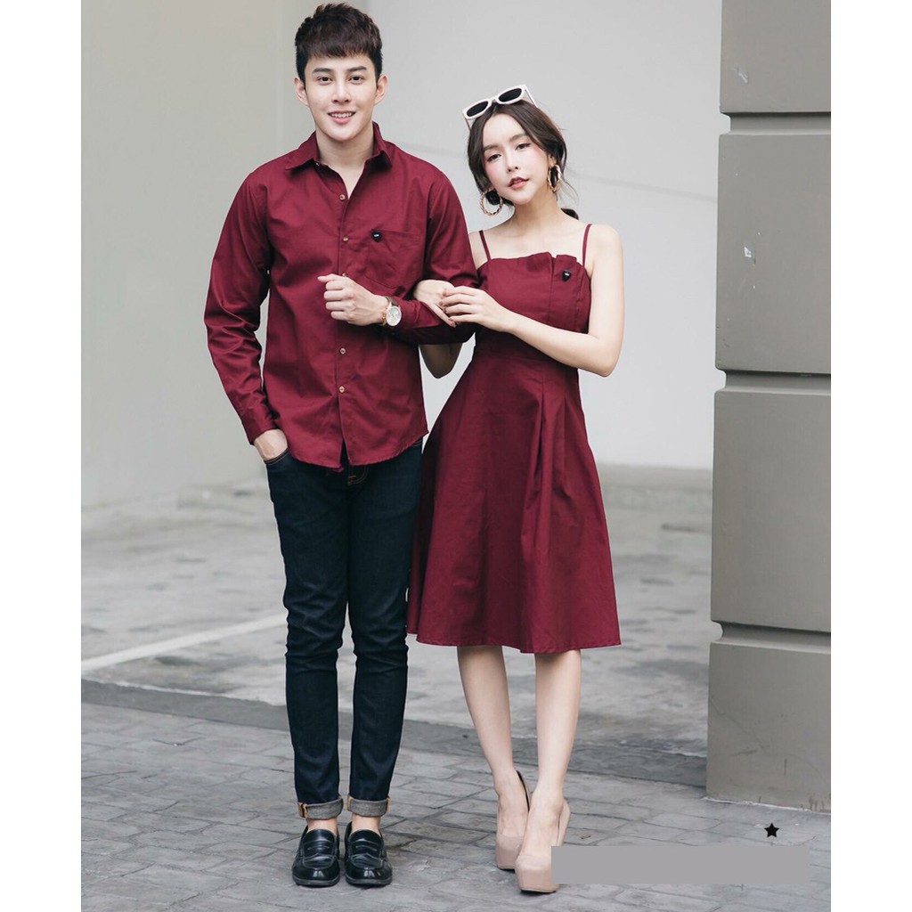 SET áo váy cặp đôi 💝FREESHIP💝chụp cưới, đồ đôi nam nữ màu đỏ đô COUPLE AV165