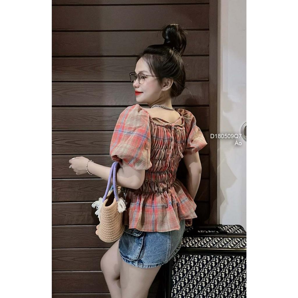 Áo kiểu peplum kẻ caro nhún thân trên thắt dây nơ lưng tay bồng!