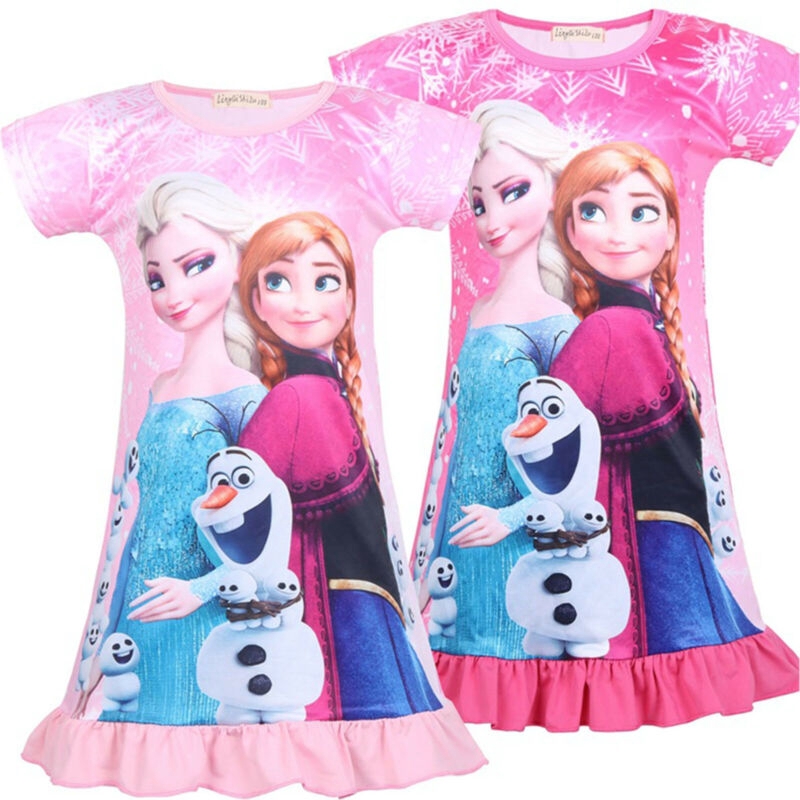 Đầm công chúa cổ tròn tay ngắn in hình Anna Elsa cho bé gái