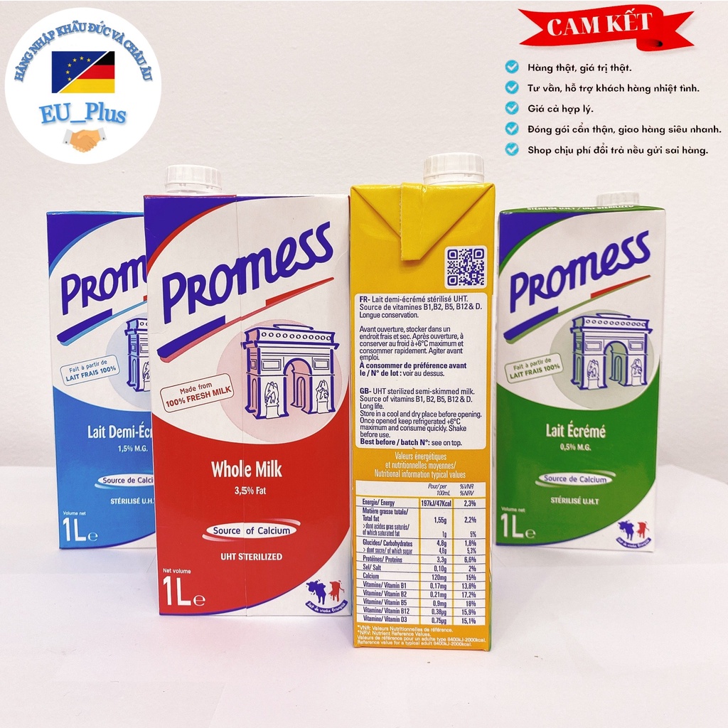 Sữa tươi không đường Promess 1 lít - Pháp: tách béo, nguyên kem, tăng canxi