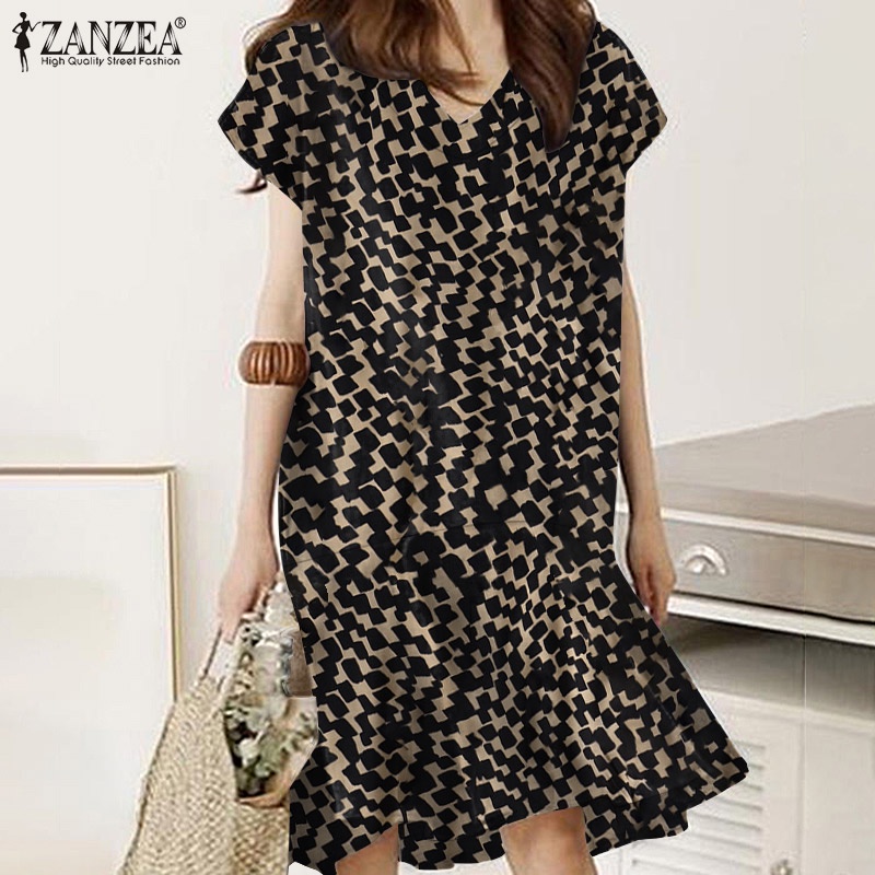 Đầm midi Zanzea tay ngắn cổ chữ V họa tiết da báo duyên dáng sành điệu cho nữ