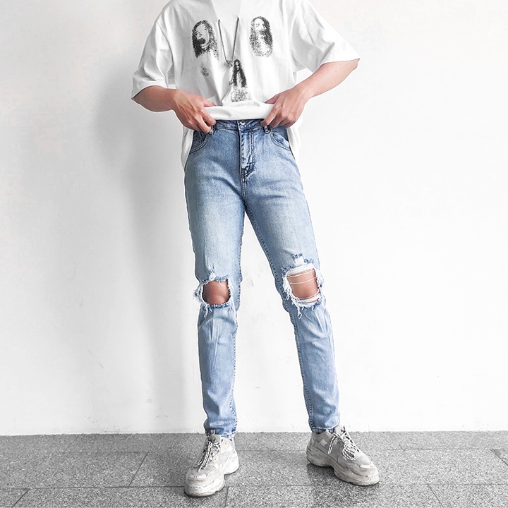 Quần Jeans Nam Xanh Rách Gối Rách To Jean Co Giãn | BigBuy360 - bigbuy360.vn