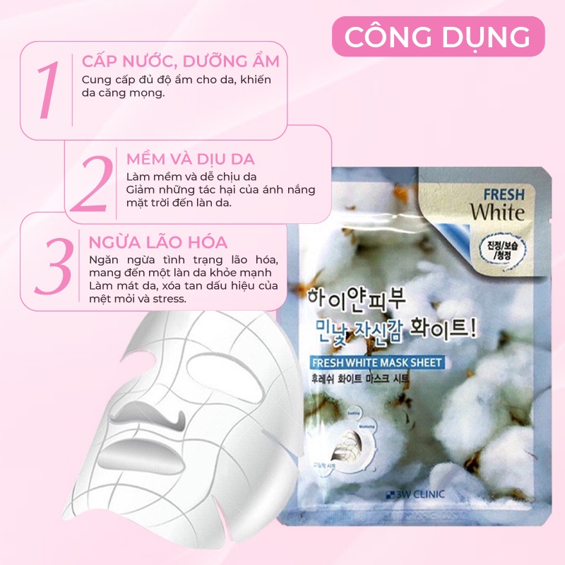 Combo 10 Túi Mặt nạ giấy dưỡng trắng da dưỡng ẩm chiết xuất từ Hoa Nhung Tuyết 3W Clinic Hàn Quốc 23mlx10