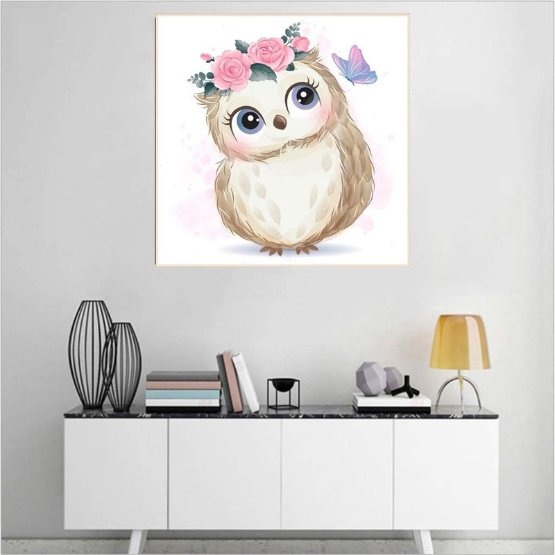 Bộ dụng cụ làm tranh đính đá họa tiết hình cú mèo độc đáo kích thước 30x30cm dùng trang trí nhà cửa