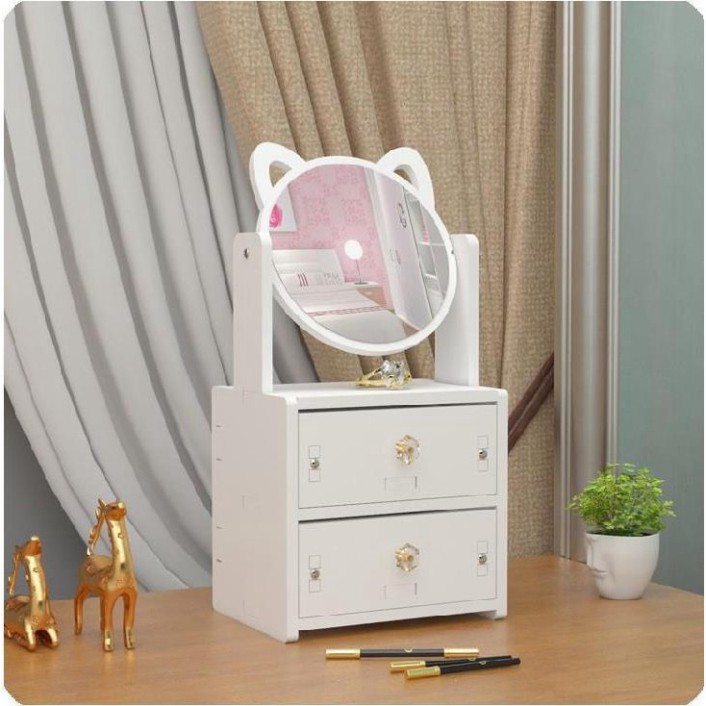 Bàn Trang Điểm Mini 2 Tầng Có Gương Mèo Hello Kitty Bằng Gỗ Nhựa Để Phòng Ngủ - Màu Trắng Nhỏ Gọn Đựng Mỹ Phẩm -MonacoSt