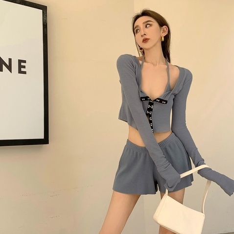 Bộ Áo Khoác Cardigan Dài Tay + Quần Short Lưng Cao Ống Rộng Thời Trang Thu Đông Hàn Quốc Mới
