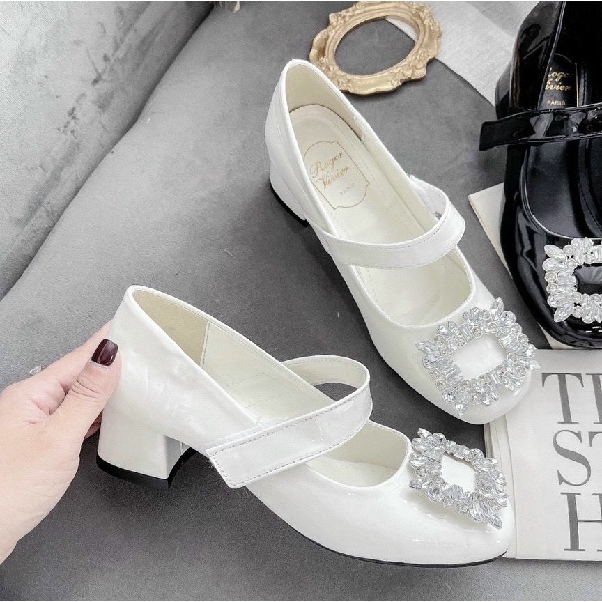 Giày cao gót nơ đá trắng vuông quai dính ngang gót trụ thấp - 4P QM08