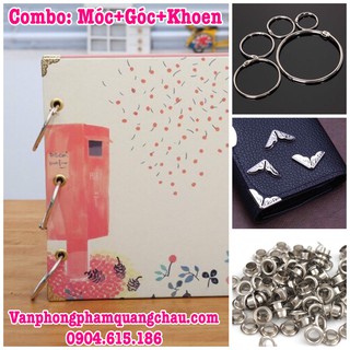Combo nguyên liệu làm Scrapbook, album (8 Bo góc, 3 móc tròn, 6 khoen tròn)
