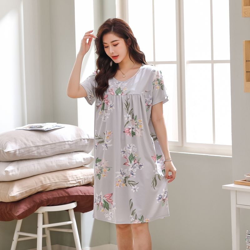 đồ ngủ☑♛﹍pyjama nữ tay ngắn mùa hè Người trung niên và cao tuổi với béo cộng kích thước bình váy ngủ 200 catti