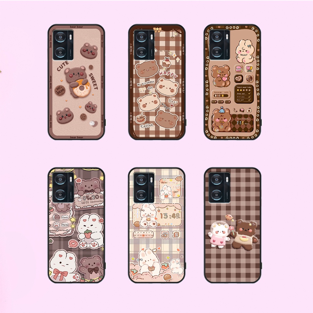 Ốp lưng Oppo A57 2022 in hình nền caro gấu thỏ, gấu bear cute