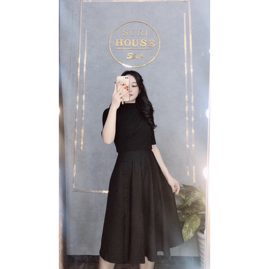 Chân váy xoè nút công sở dáng dài, chất Cotton lạnh, dày dặn co giãn, không nhăn, không xù