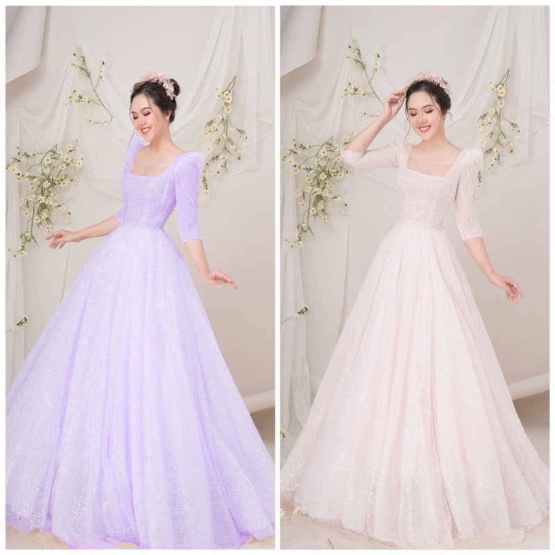 Đầm maxi mặc cưới TRIPBLE T DRESS nhẹ nhàng thanh lịch chất lưới nhũ lấp lánh - size M/L - MS191Y