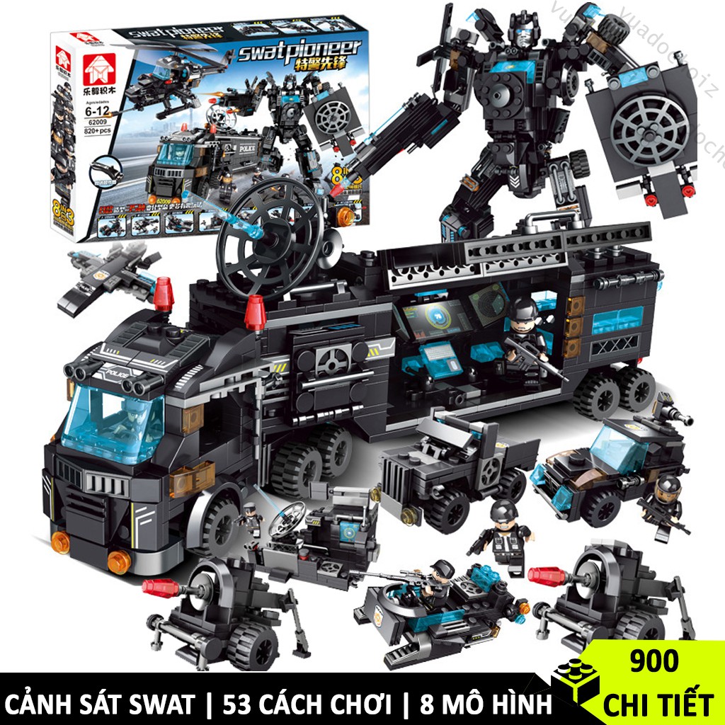 [900 CHI TIẾT] ĐỒ CHƠI XẾP HÌNH LEGO BIỆT ĐỘI SWAT, LEGO XE OTO QUÂN ĐỘI, LEGO ROBOT, LEGO TRỰC THĂNG QT27