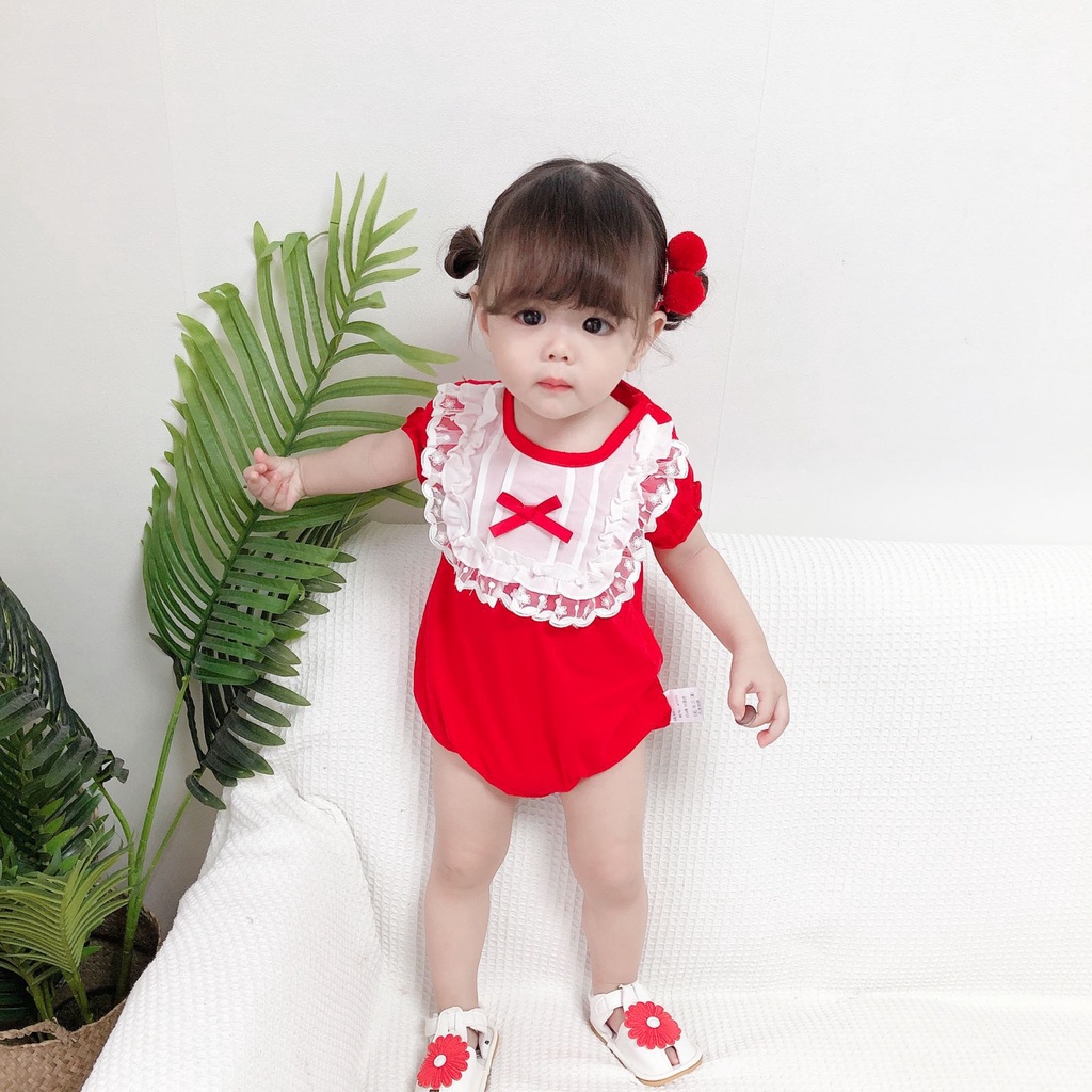 Newborn Girls Summer Lace Collar Romper For Baby Cotton Red Bodysuit Clothes
