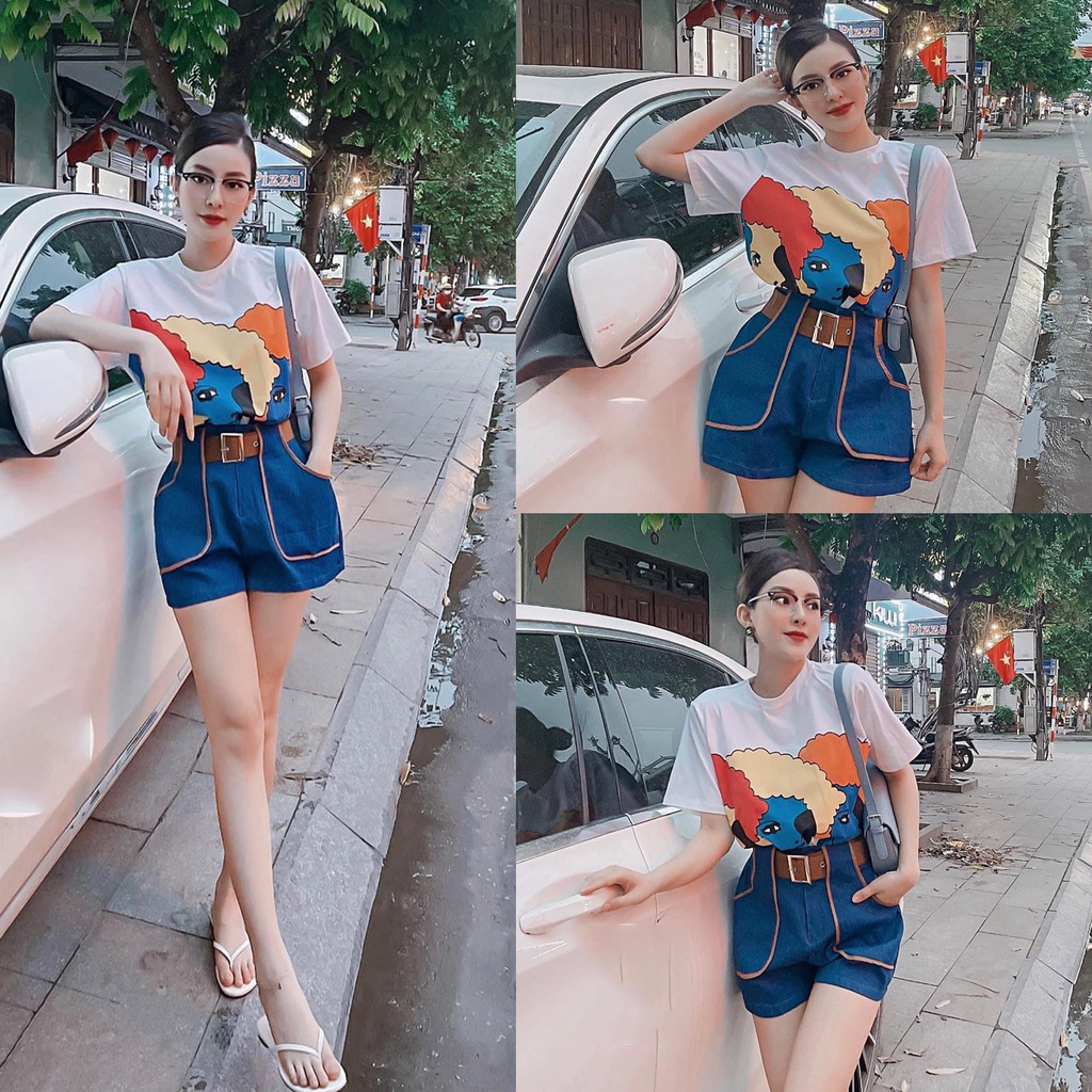 Set Áo Cô Gái Mix Quần Short Xanh Kèm Thắt Lưng