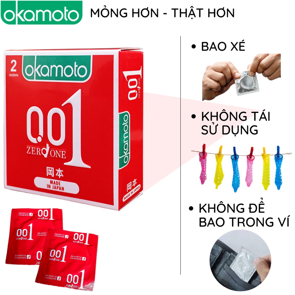 Bao cao su OKAMOTO 0.01mm Siêu Mỏng 2 bao/hộp trơn truyền nhiệt nhanh chống tuột Nhật Bản