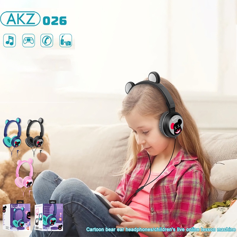 Tai Nghe Chụp Tai AKZ-026 Có Dây Chuẩn 3.5MM Hình Gấu Trúc Dễ Thương Cho Bé