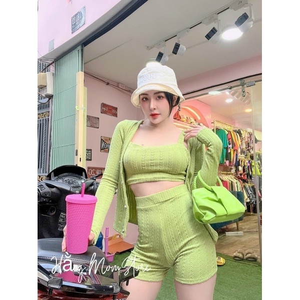Set Bộ 3 Món Áo Croptop Dây Bản To Short Siêu Cao Kèm Khoác Dài Gân Xương Cá