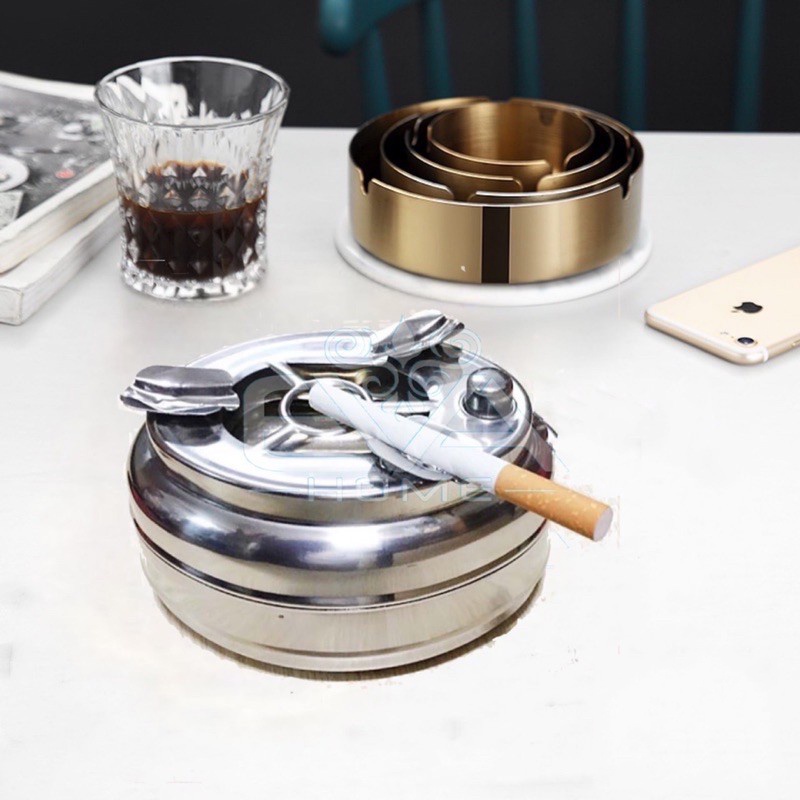 Gạt Tàn Thuốc Lá Inox Có Nút Bấm Đóng Mở Ngăn Đựng Tàn Thuốc Thông Minh / Gạt Tàn Inox Bấm Nút Tiện Dụng