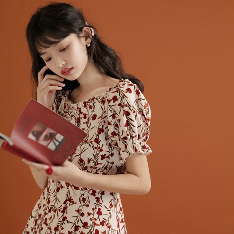 Đầm Tay Ngắn Chiết Eo In Hoa Phong Cách Hàn Quốc Xinh Xắn Cho Nữ