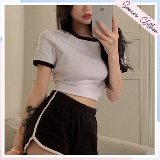 Áo Thun Croptop Nữ Cổ Tròn Phối Viền Đen Trắng Saniee Clother