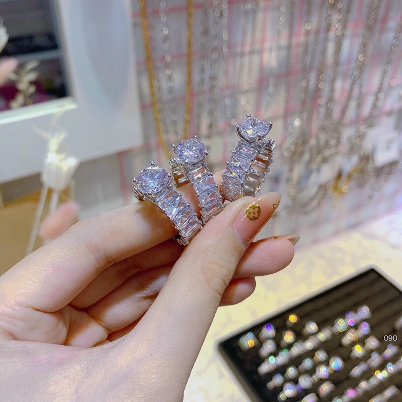 Nhẫn full đá bagguet 2 loại siêu sáng xi bạch kim kami