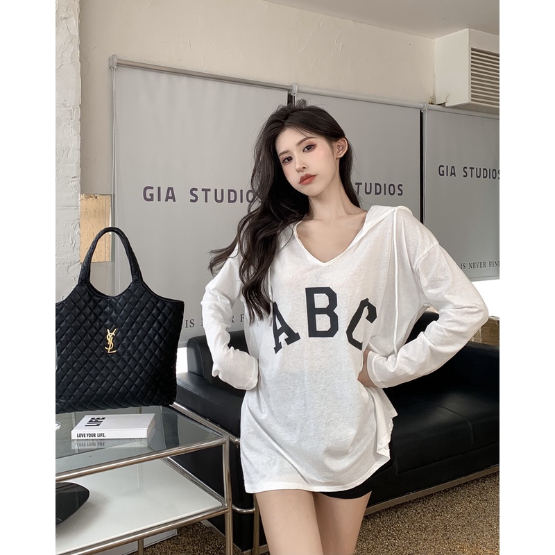 Áo Thun Nữ Tay Dài Có Nón In Chữ Thời Trang