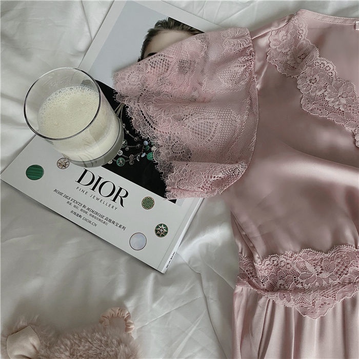 Đầm ngủ dài tay ngắn phối ren mỏng phong cách mùa hè 2021 gợi cảm cho nữ