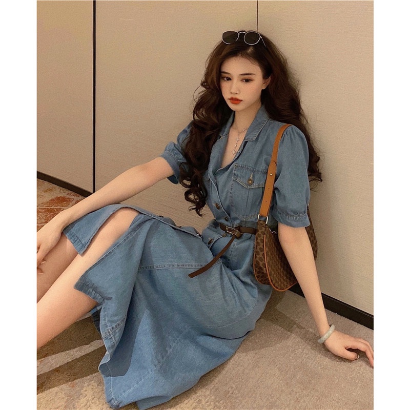(ORDER) Váy sơ mi jeans denim cổ bẻ POLO kèm đai lưng thắt eo dáng dài, cài dọc khuy sang chảnh (new hot trend)