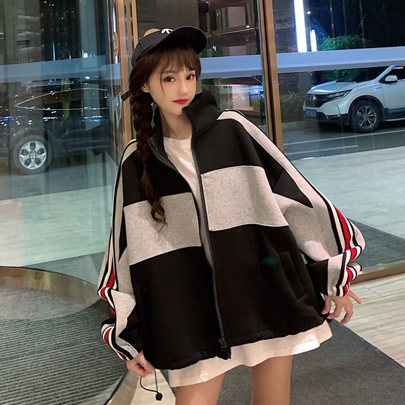 Áo khoác nữ tay dài có dây kéo cổ cao bóng chày thể thao form rộng sọc ulzzang ( 2 màu )