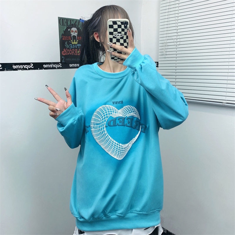 ZHELIHANGFEI Áo Sweater Dáng Rộng Hoạ Tiết Trái Tim Hợp Thời Trang