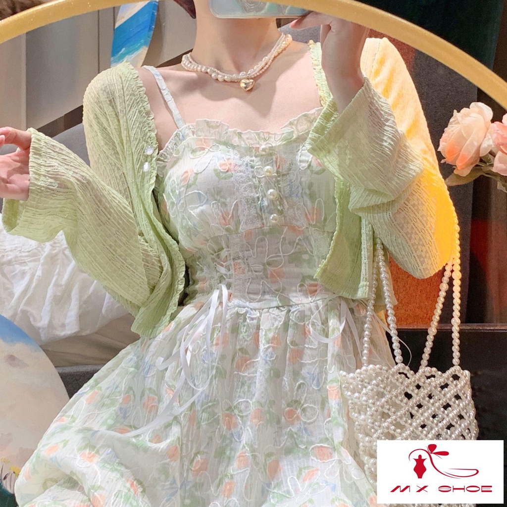 M & X ~  Set Đầm Hai Dây Cardigan Mỏng Ôm Eo Chống Nắng Cỡ Lớn