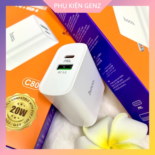 Củ Sạc Nhanh Hoco C80 2 Cổng Sạc USB + Type-C , Chuẩn PD3.0, Công Suất 20W Hỗ Trợ Sạc Nhanh 3A
