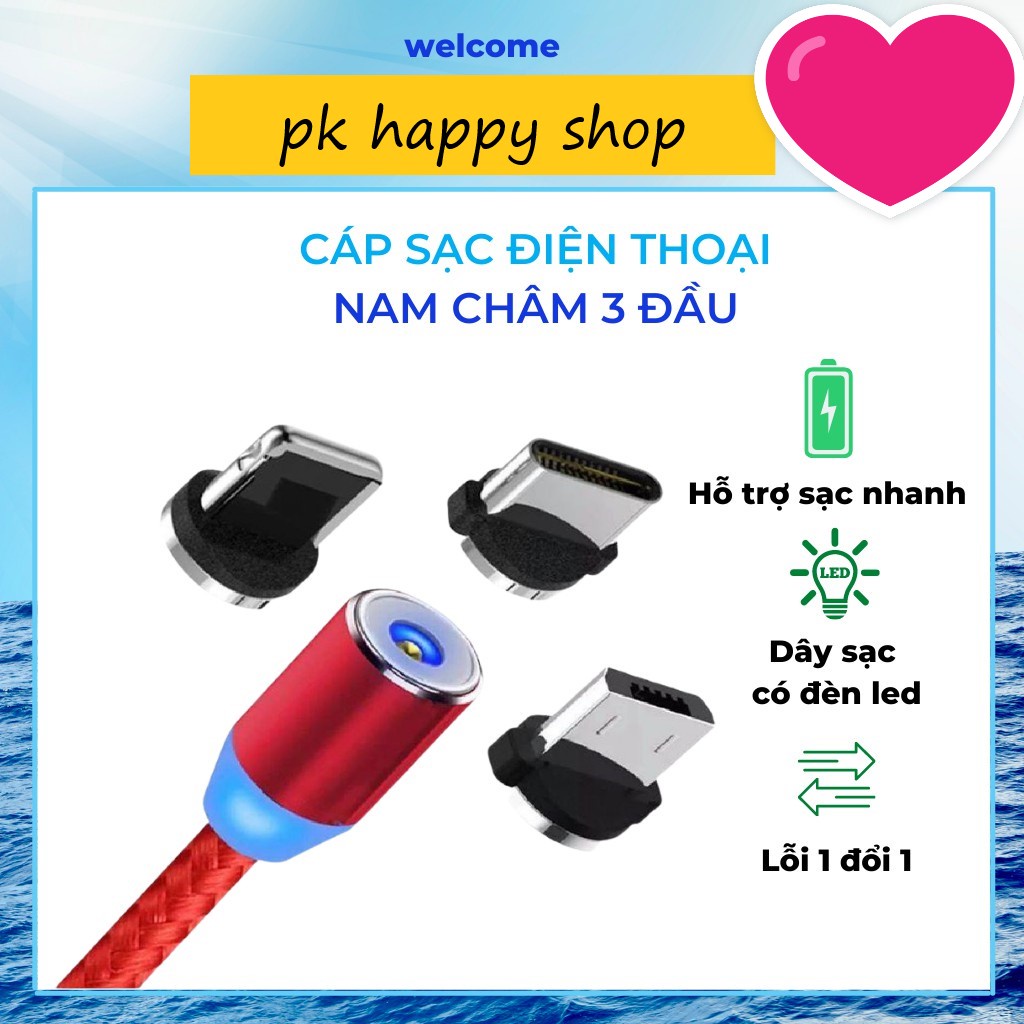 Bh 12 Tháng -  CÁP , DÂY DÙ CAO CẤP CHỐNG GẬP, CHỐNG RỐí, SẠC 3 ĐẦU TỪ HÍT NAM CHÂM 3 in 1 IP , ANDROID -  Happy Shop.