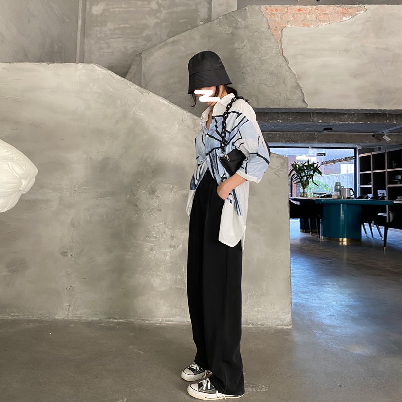 Quần dài IELGY lưng cao ống rộng màu đen/ màu trắng thời trang dành cho nữ