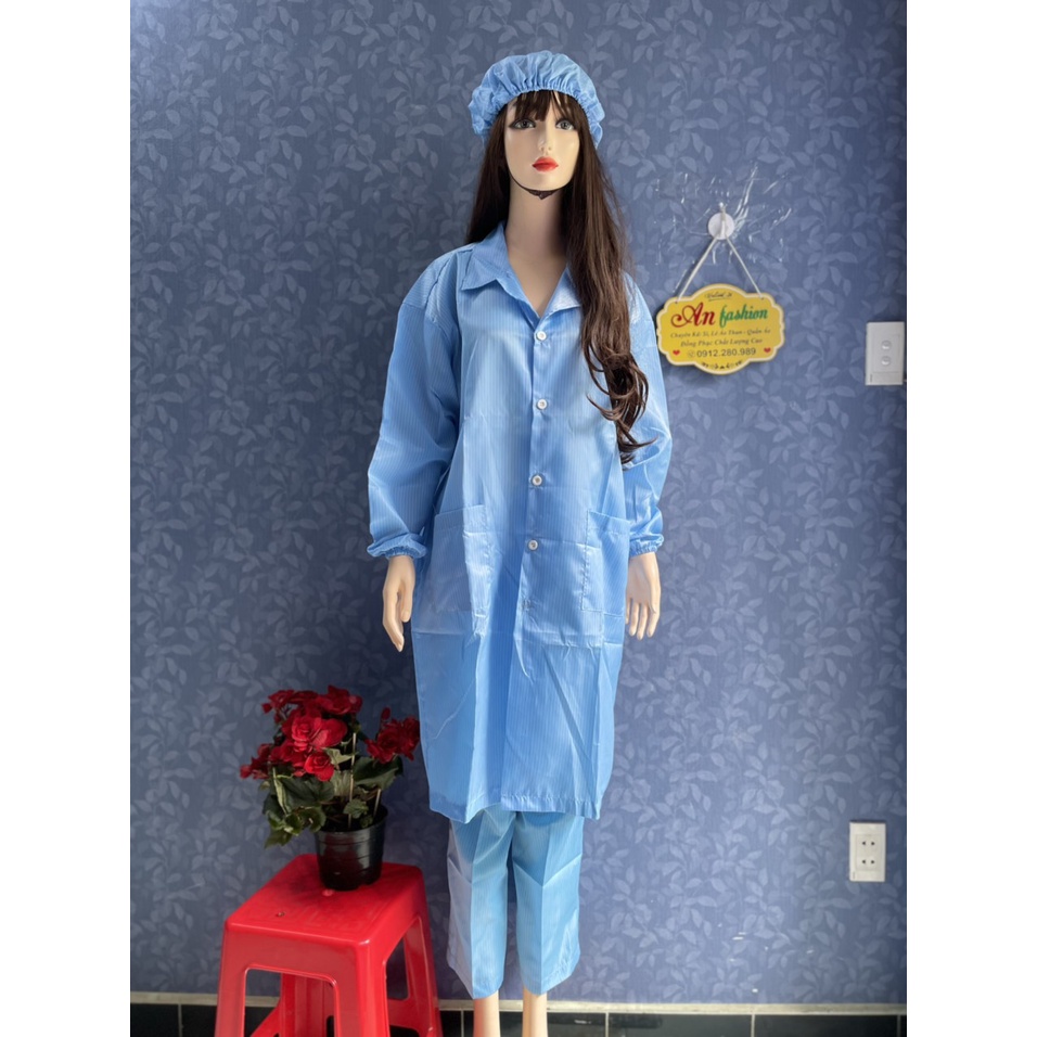 Áo Blouse phòng sạch chống tĩnh điện màu xanh gài nút dùng trong phòng lab _ Hình chụp thật